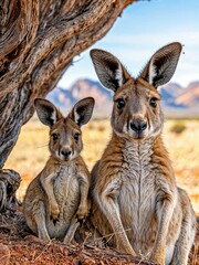 In the heart of the Australian Outback, a mother kangaroo and her joey sit contentedly beneath a gnarled tree, basking in the warm glow of the setting sun, surrounded by stunning landscapes.