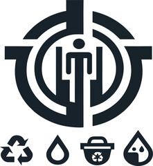 This striking logo design features a central figure surrounded by circular elements, symbolizing human waste management and environmental responsibility. Accompanied by icons representing recycling