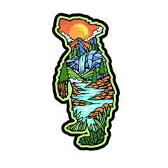 Bear cub with beautiful outdoor landscape colorful sticker graphic © Black Arts Studio