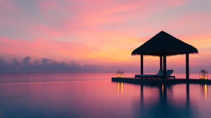 Serene Sunset at Tropical Resort with Gazebo and Pool, Pink Sky Reflecting in Water, Tranquil Atmosphere for Relaxation and Getaway