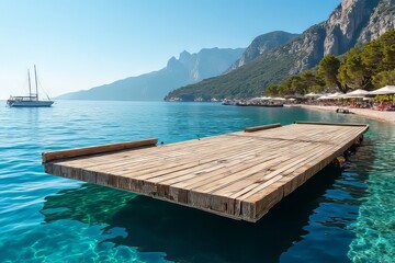 Obraz premium Stunning Wooden Pier Over Crystal-Clear Water with Mountains and Boats in Background