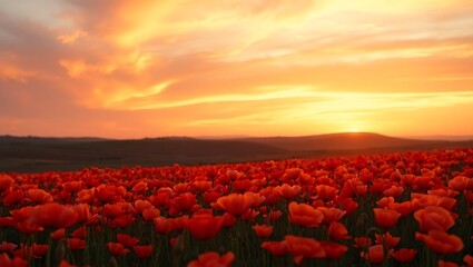 Fototapeta premium Golden Sunset Over a Vast Poppy Field