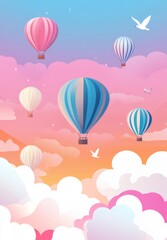 Colorful hot air balloons in a vibrant sky filled with clouds