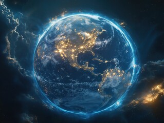 Fototapeta premium Earth in deep space with distant stars and nebula clouds