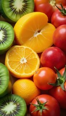 Close-up shot of sliced fruits and vegetables, bright, vegan