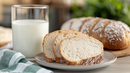 Delightful breakfast featuring freshly sliced white bread and milk