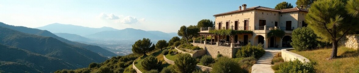 Mediterranean style villa, terraced garden with olive trees, summer, hills