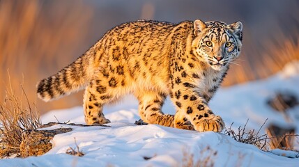 Fototapeta premium Snow leopard moves elegantly across a pristine blanket of snow, its striking fur blending beautifully with the surroundings. Morning light highlights its athletic form and watchful eyes.