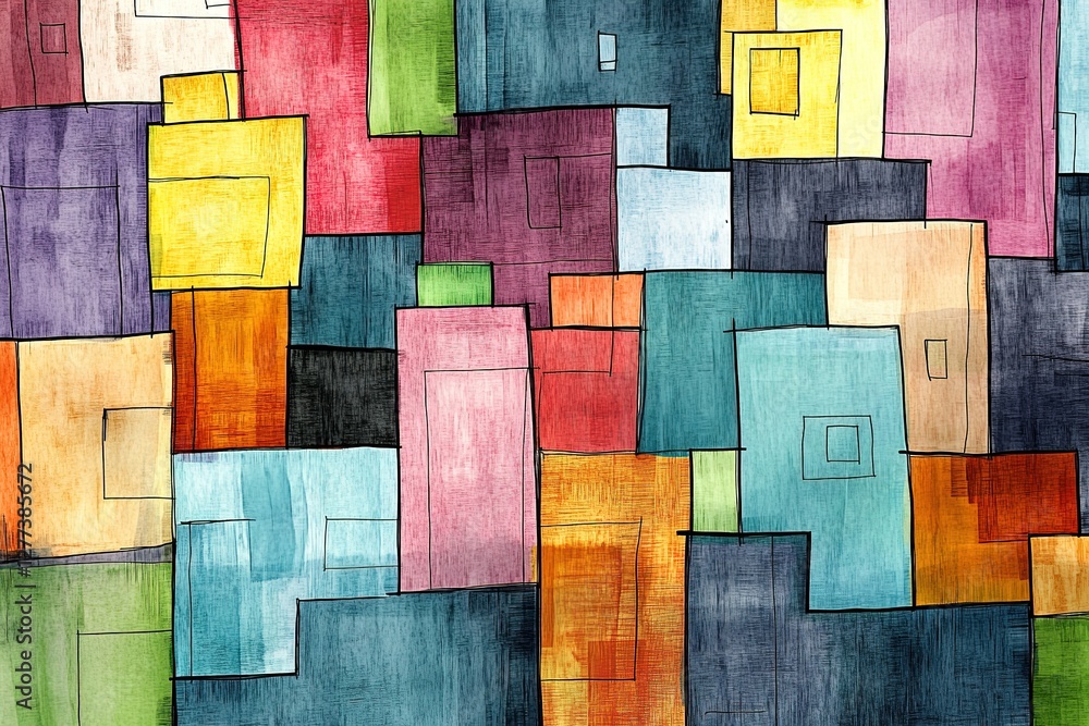 Poster geometric abstract design features assorted colorful squares with textured painting strokes