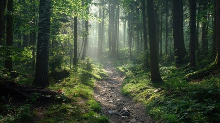 Obraz premium Sunlit Path Through Mystical Forest