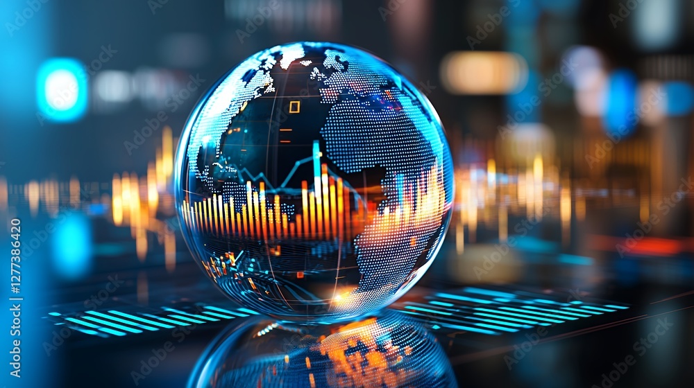Poster abstract digital globe with financial charts and data visualization on a dark background