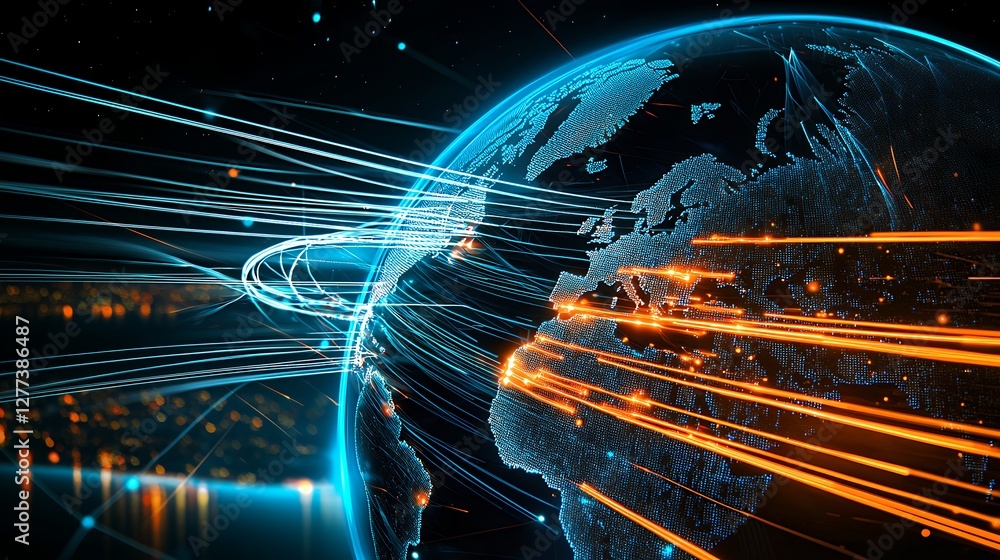 Poster abstract digital globe with flowing blue and orange data streams on a dark background