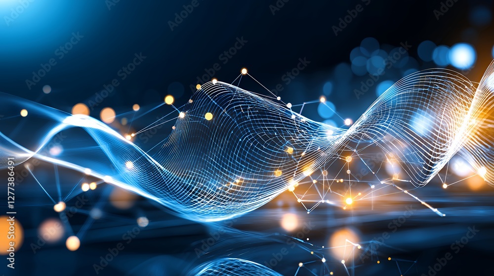 Poster abstract digital network with blue and gold dots connection in dark background