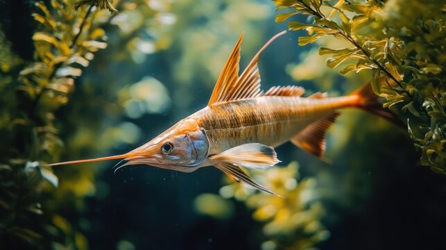 A longnose garpike fish swimming in water