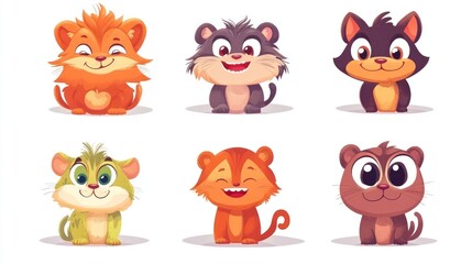 Obraz premium Cute cartoon animal characters, various species, happy expressions, sitting poses.