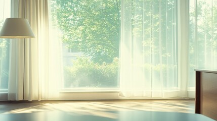 Fototapeta premium Serene Sunlit Room with Sheer Curtains and Lush Green View