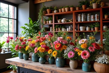 Vibrant Floral Arrangements in Teal Vases on Rustic Table