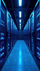 Obraz premium Sleek blue-lit server racks in futuristic data center, digital, server room, hardware