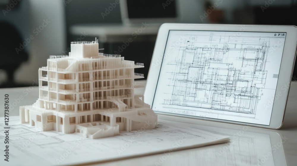 Poster 3d printed building model beside digital blueprint on tablet. (1)