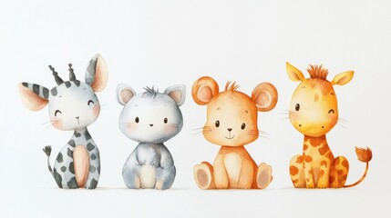 Obraz premium Cute cartoon animal characters, watercolor style, sitting in a row.