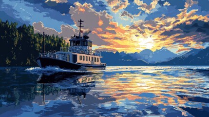 Obraz premium Serene Sunset Cruise: A Majestic Mountain Lake Escape