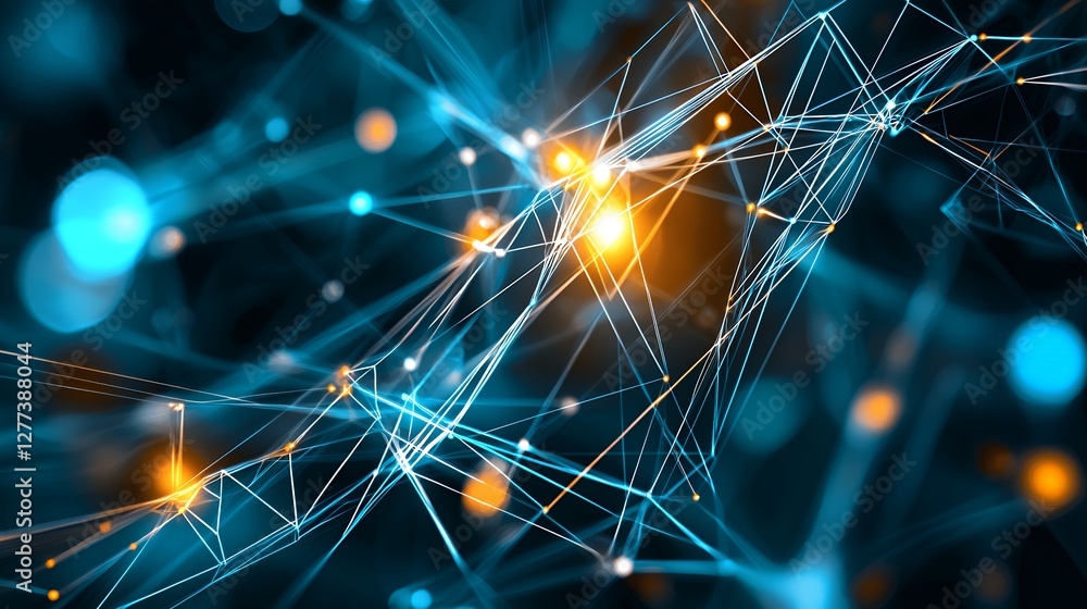 Poster abstract network visualization blue and orange glowing nodes connected by lines on dark background