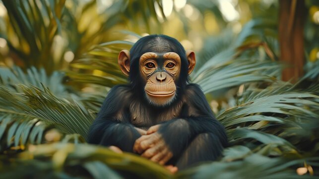 A chimpanzee sitting in a forest surrounded by leaves and branches - Powered by Adobe