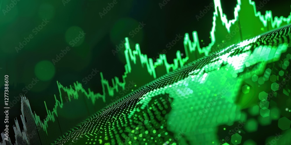Poster a digital representation of financial data with green graphs and dotted patterns, symbolizing market