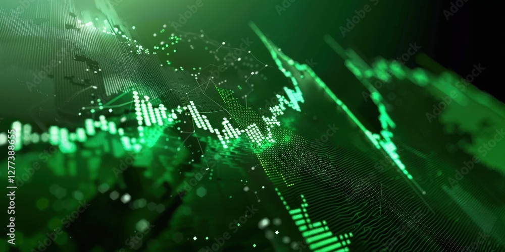 Poster a digital representation of green financial data trends, showcasing a dynamic graph with peaks and v