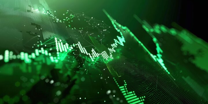 A digital representation of green financial data trends, showcasing a dynamic graph with peaks and valleys, symbolizing market fluctuations.
