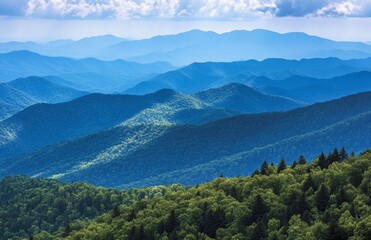 Blue Ridge Mountains vista, layered peaks, lush forest, hazy sunlight