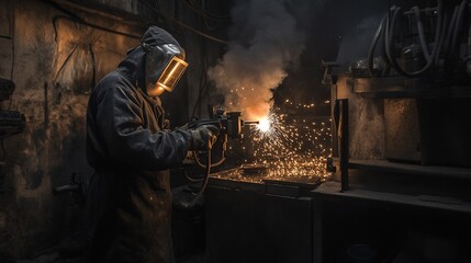 Fototapeta premium Metalworker in protective gear welding sparks in dark factory.