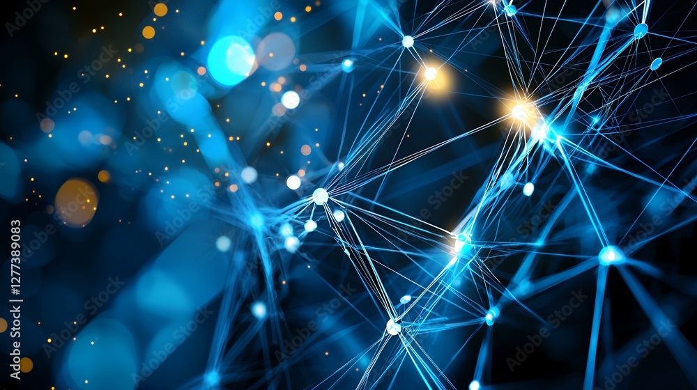 Poster blue abstract network of interconnected nodes with geometric shapes and modern design