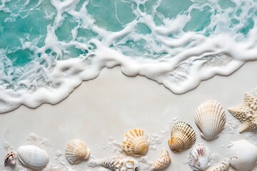 Ocean tide with foamy water washing up shells and a starfish on a white sand beach