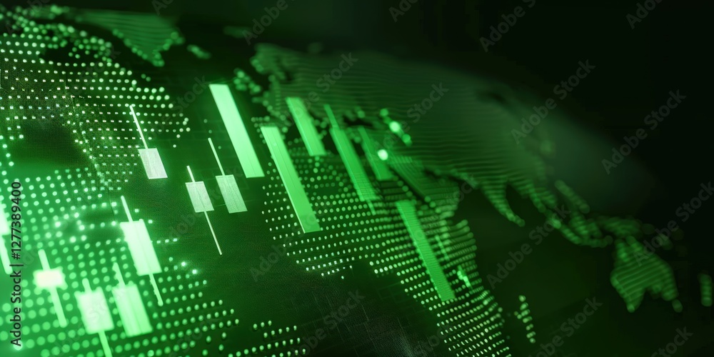 Poster a digital representation of a world map with glowing green financial charts, symbolizing data analyt