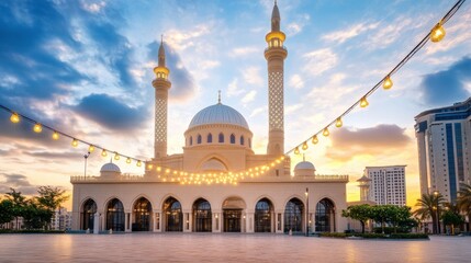 Fototapeta premium Beautiful Mosque with Minarets during Sunset and Decorative Lights