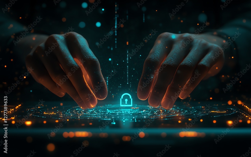 Fototapete futuristic cybersecurity concept featuring hands typing on a laptop, digital padlock icon, and encry