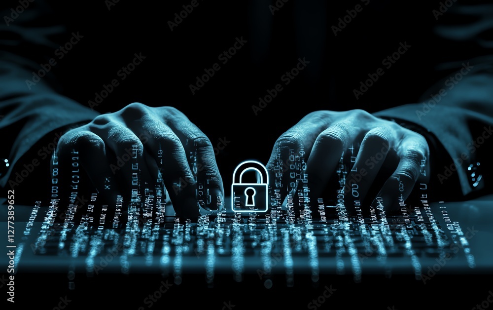 Aufkleber Futuristic cybersecurity concept featuring hands typing on a laptop, digital padlock icon, and encrypted code running in the background