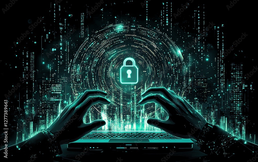 Poster futuristic cybersecurity concept featuring hands typing on a laptop, digital padlock icon, and encry