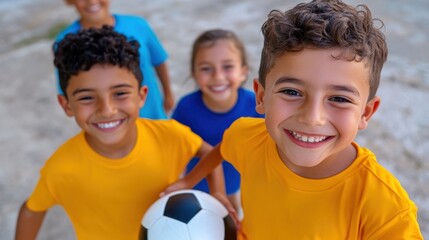 Joyful kids playing soccer in a suburban backyard on a sunny day