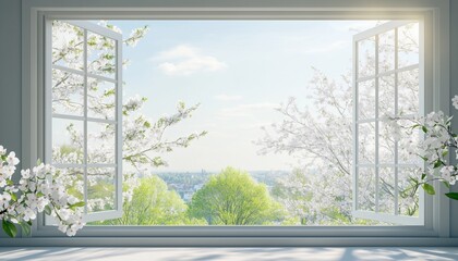 Fototapeta premium Spring view white flower fresh sky from glass window home interior decoration