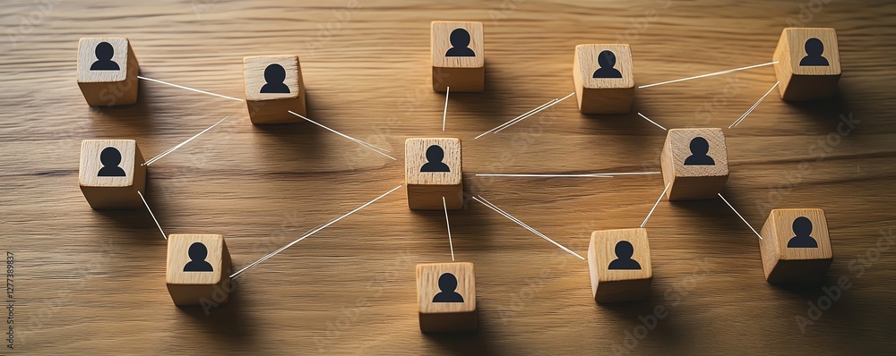 Poster Top view of a wooden table with wooden cubes and people icons, illustrating a communication network and organizational structure for effective connections