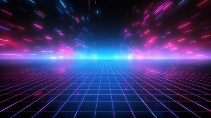 Obraz premium A vibrant, futuristic scene featuring a glowing grid and colorful light streaks, evoking a retro digital landscape.