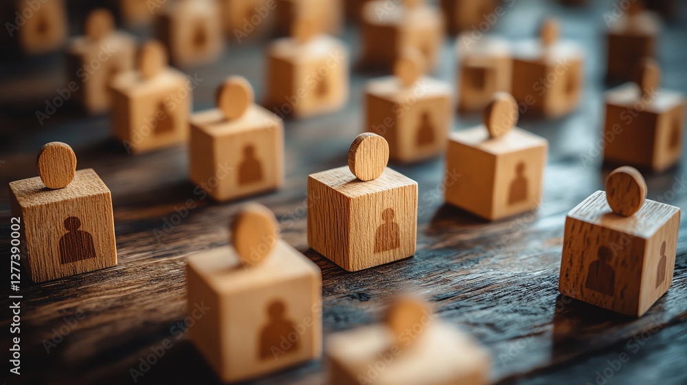 Poster Wooden cubes with people icons scattered across a table, illustrating the concept of communication networks and the flow of information in an organization