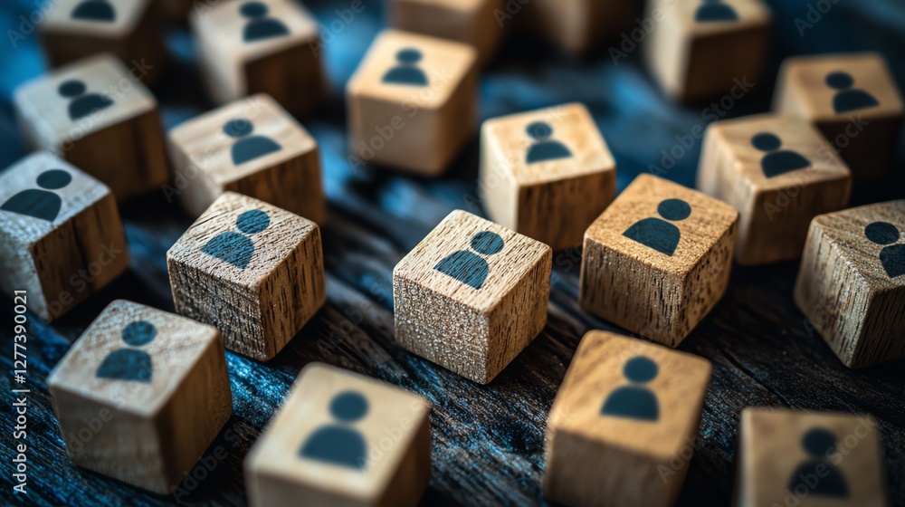 Poster Wooden cubes with people icons scattered across a table, illustrating the concept of communication networks and the flow of information in an organization