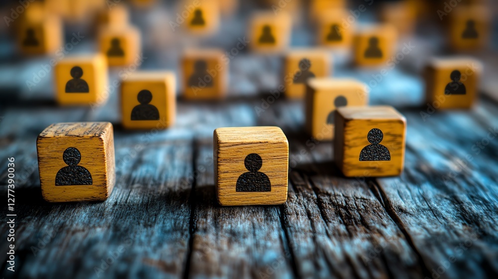 Aufkleber wooden cubes with people icons scattered across a table, illustrating the concept of communication n