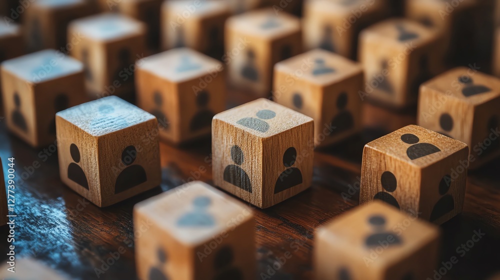 Poster wooden cubes with people icons scattered across a table, illustrating the concept of communication n