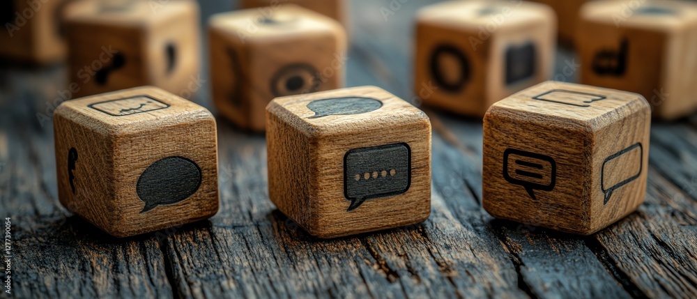 Poster wooden cubes with speech bubble icons scattered across a table, representing the flow of online comm