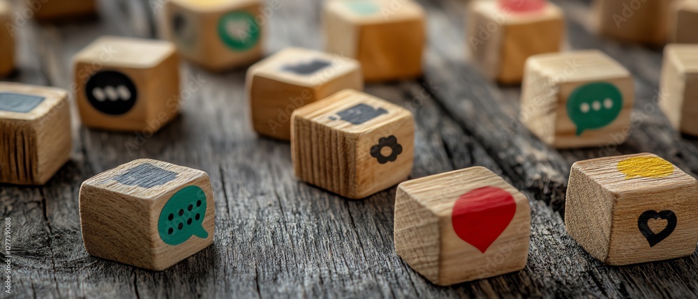 Poster wooden cubes with speech bubble icons scattered across a table, representing the flow of online comm