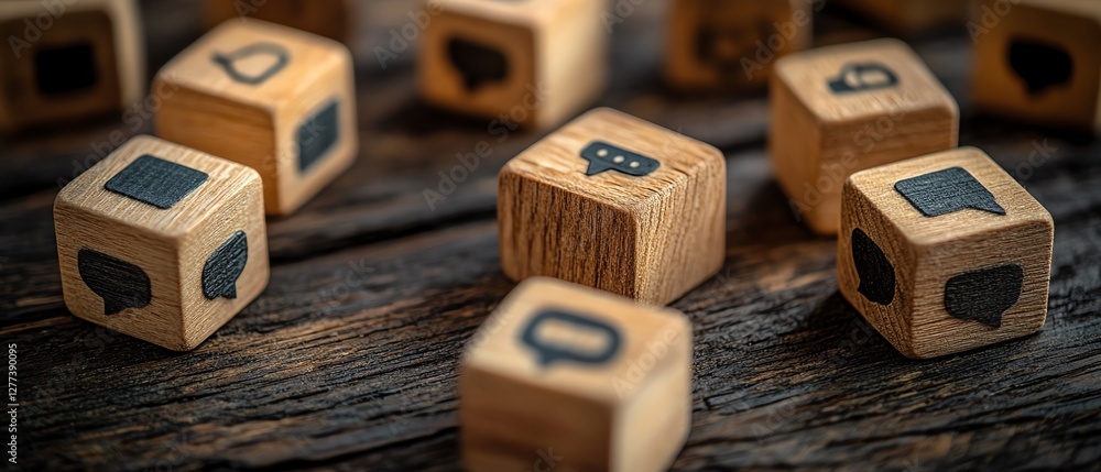 Poster wooden cubes with speech bubble icons scattered across a table, representing the flow of online comm